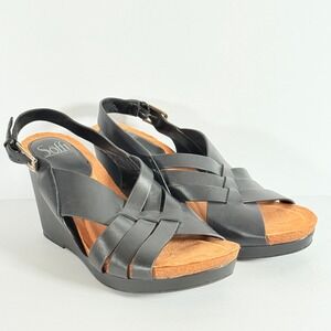 Sofft Black Leather Wedge Sandals Criss Cross Straps‎ Women's Size 9M
